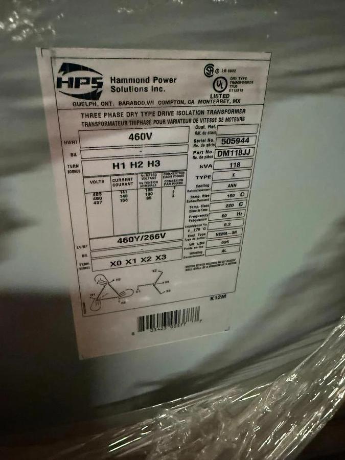 Used 118 KVA HAMMOND POWER SOLUTIONS, INC. HPS 460V TRANSFORMER