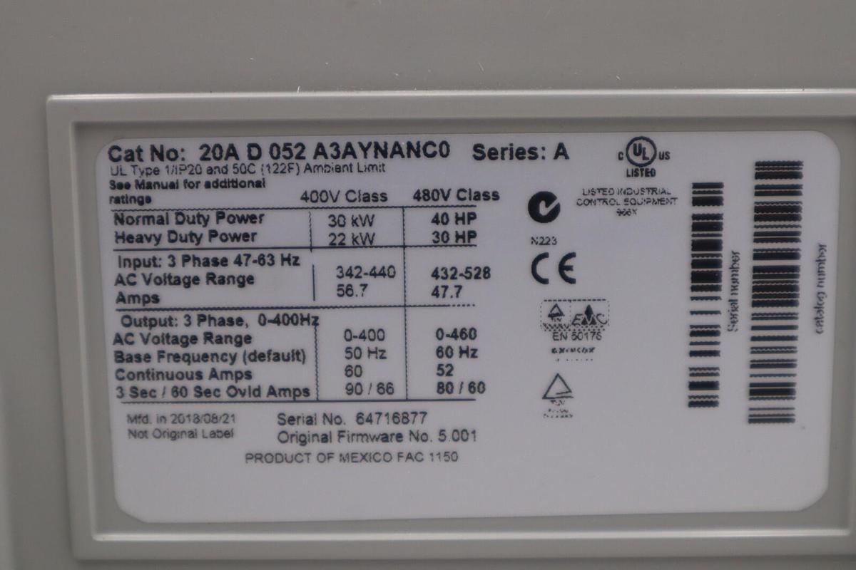 Used ALLEN BRADLEY 20AD052A3AYNANC0 40 HP POWERFLEX 70 DRIVE VFD NEW STOCK 4497