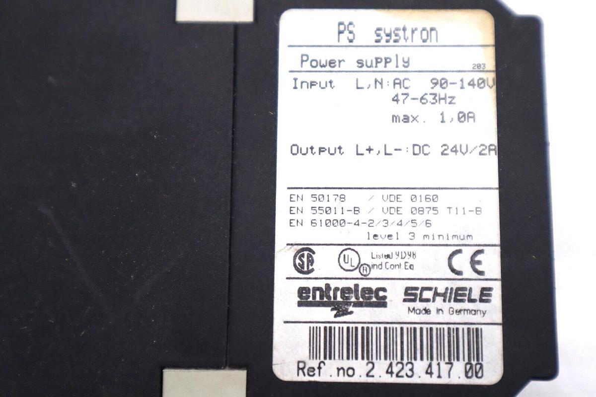 Used ENTRELEC SCHIELE PS SYSTRON POWER SUPPLY 90-140V-AC 24V-DC 2A #L-416