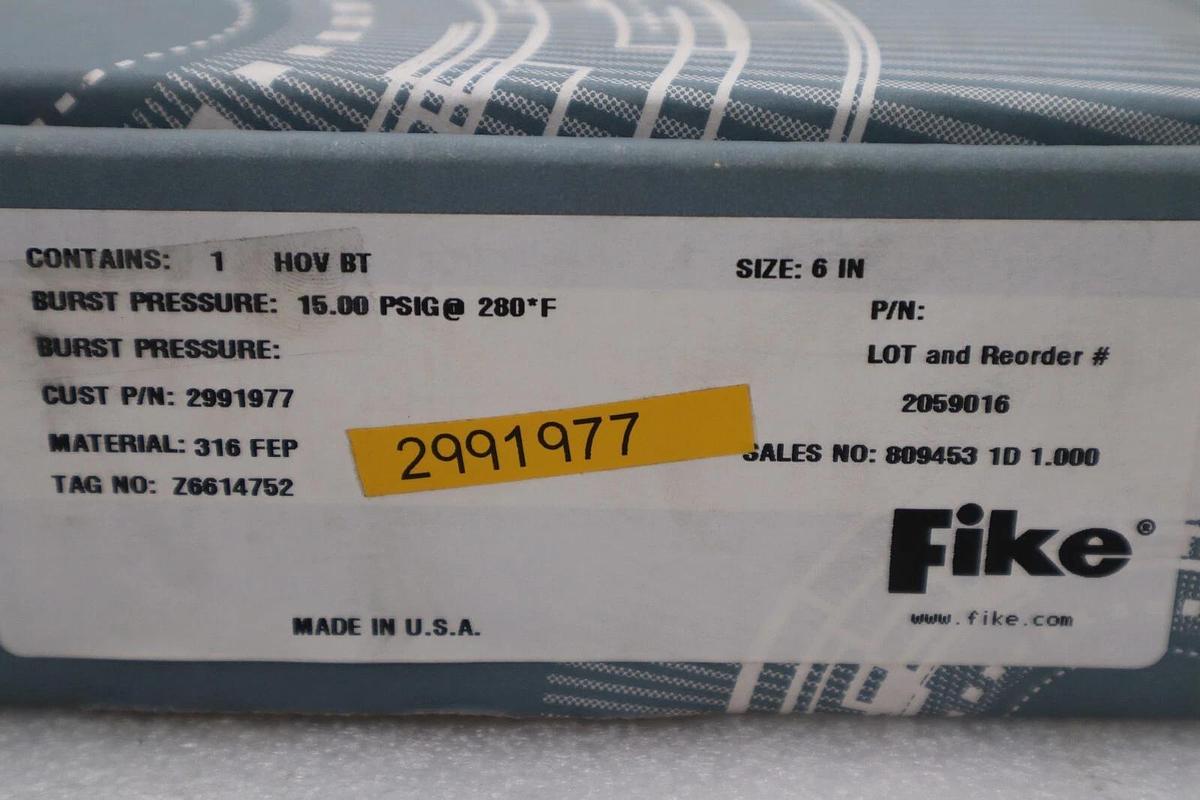 NEW FIKE 6” HOV BT 2991977 15.00PSIG @ 280°F STOCK 5538