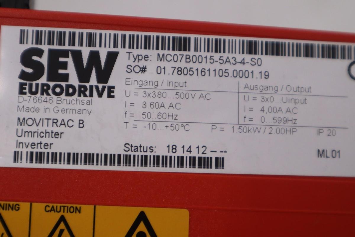 Used SEW Eurodrive MC07B0015-5A3-4-S0 MOVITRAC B STOCK H-800C