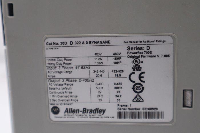 New 2018 Allen Bradley PowerFlex 700S VFD 20DD022A0EYNANANE 15HP STOCK 2088-A