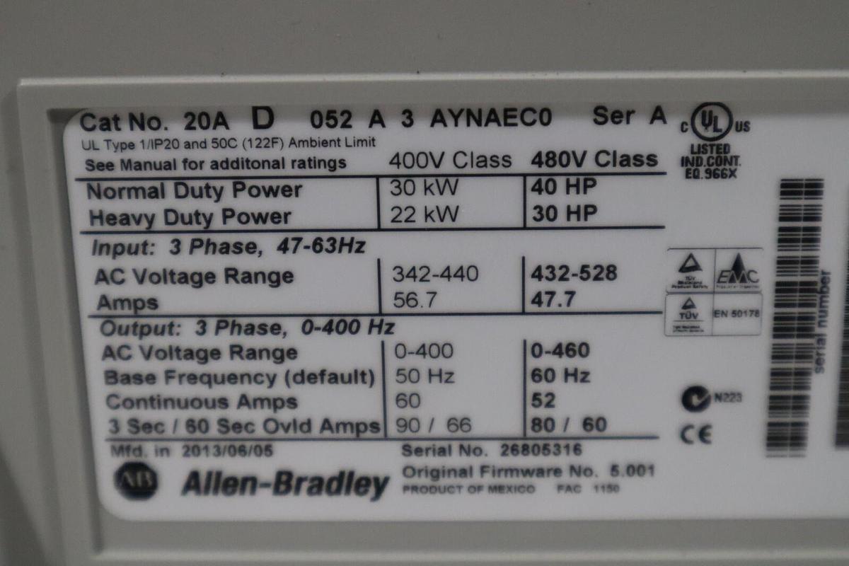 Used ALLEN BRADLEY 20AD052A3AYNAEC0 SER. A 480VAC POWERFLEX 70 DRIVE NEW STOCK S-592
