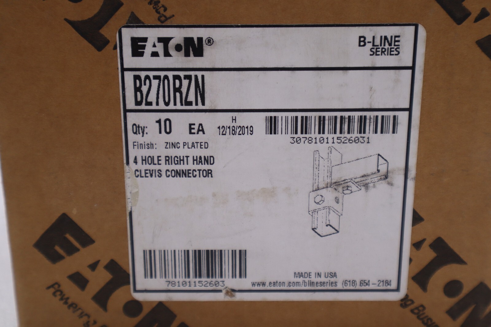 Used EATON B270RZN 4 Hole Right Hand Clevis Connector B-Line New Open Box #3552