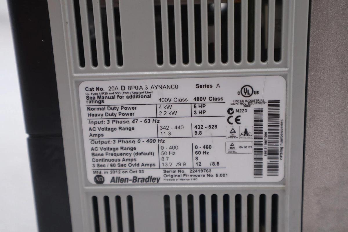 Used 20AD8P0A3AYNANC0 ALLEN BRADLEY POWERFLEX 70 5HP AC DRIVE 480 VOLT STOCK 3298