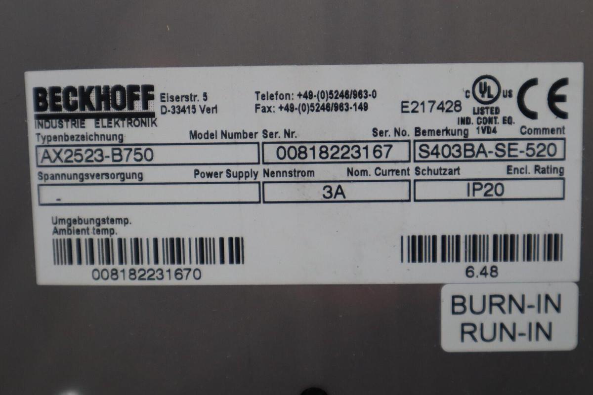 Used Beckhoff AX2523-B750 Servo Drive STOCK 3432-D
