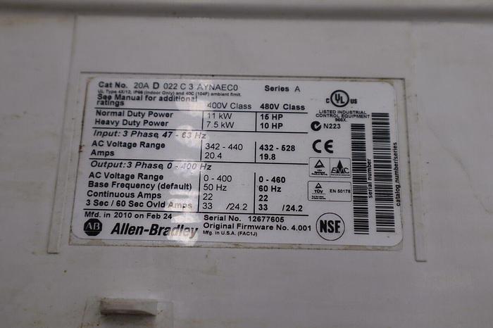 Used Allen Bradley 20AD011C3AYNAEG0 Powerflex 70 Drive VFD MFG. 2010 FRN: 4.001 1728