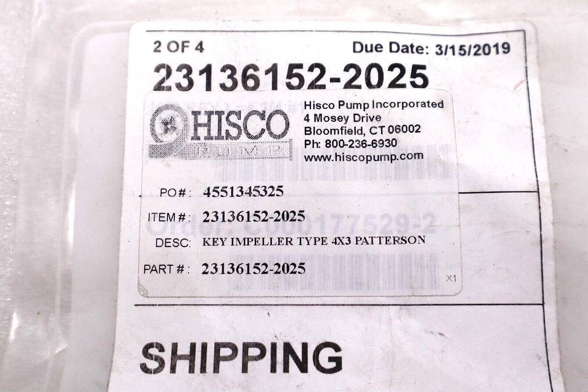 NEW HISCO PUMP INC 231361522025 KEY IMPELLER TYPE 4X3 PATTERSON #L-476