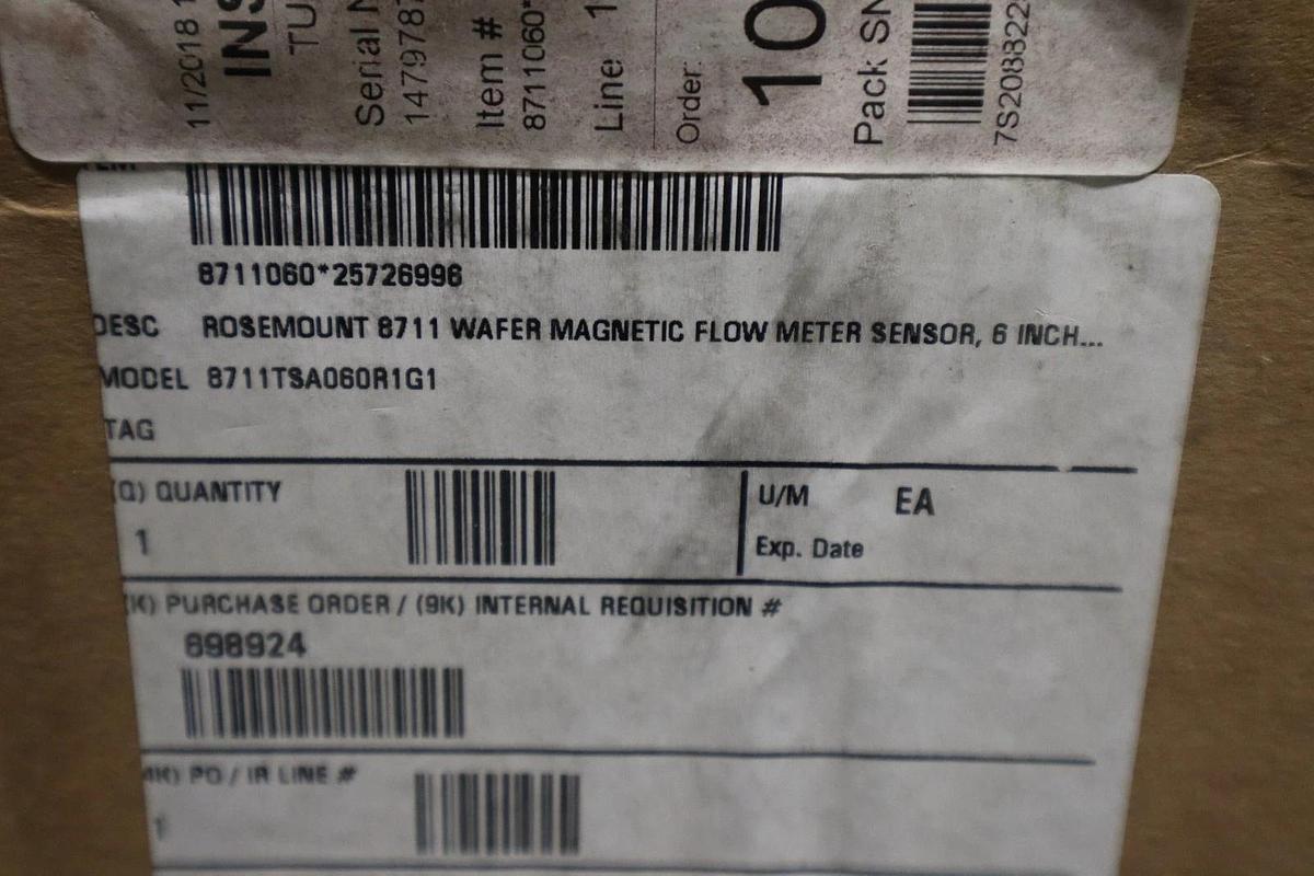 Used EMERSON 8711TSA060R1G1 WATER MAGNETIC FLOW METER SENSOR 6" - STOCK GF277