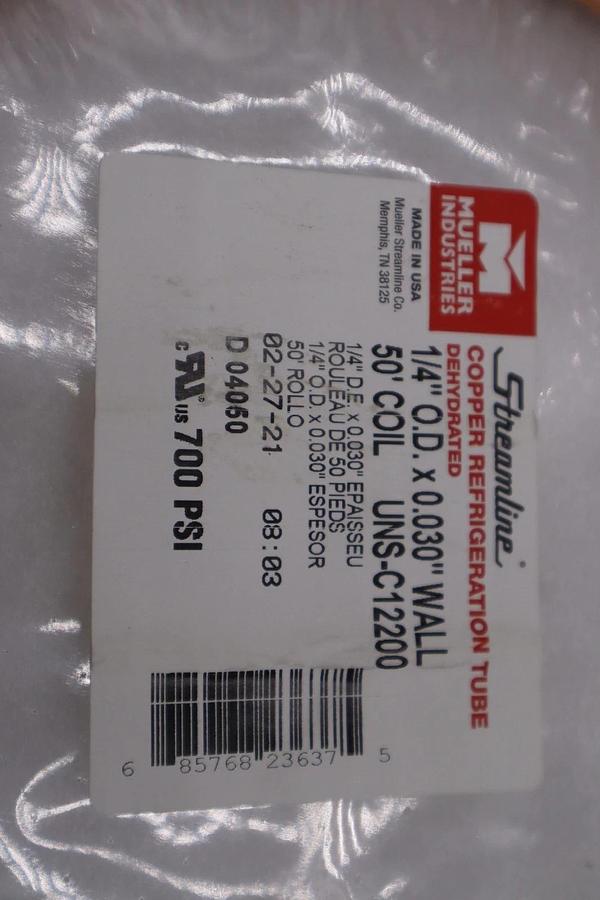 Used NEW Streamline Mueller COPPER Coil, 1/4" OD x 50' UNS-C12200 STK H327