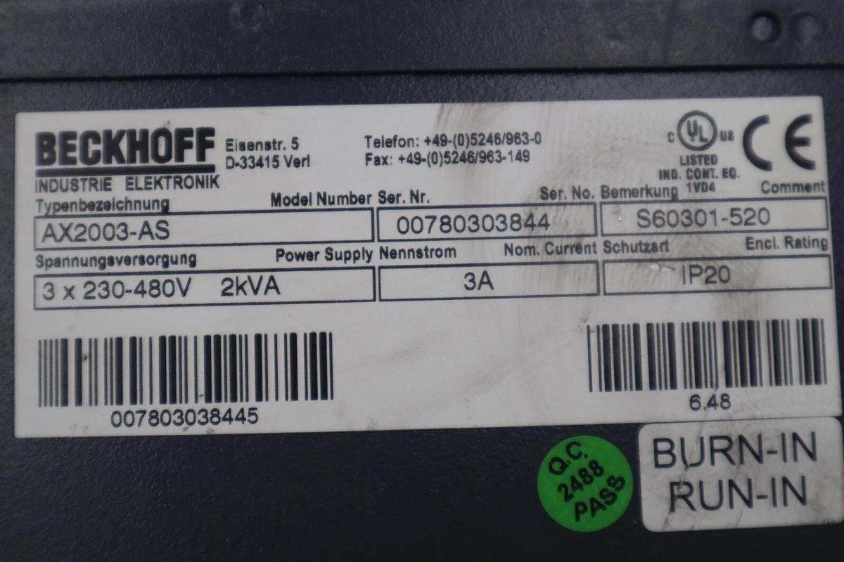 Used Beckhoff AX2003-AS S60301-520 Digital Compact Servo Drive Amplifier STK K-407-D