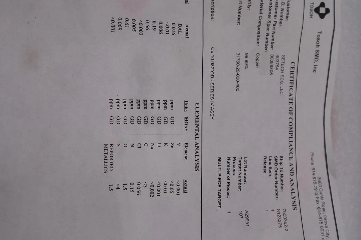 Used NEW Tosoh 31760-29-000-400 COPPER 10.987" OD STOCK 2627