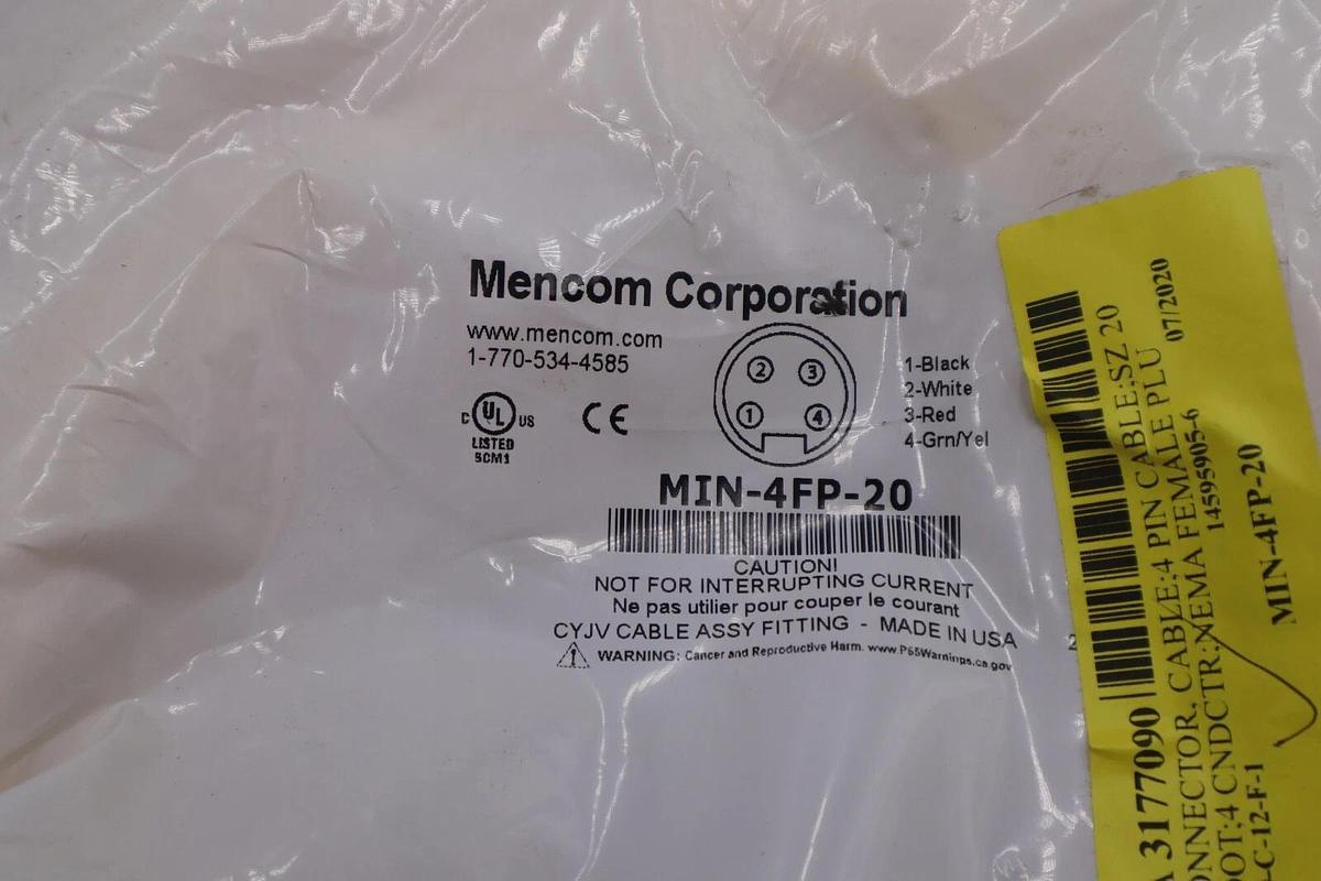 Used Mencom Corporation MIN-4FP-20 Connector Cable 4 Pin 4 Ft. New Stock #3544