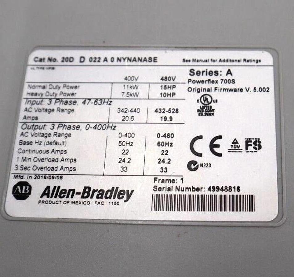 Used ALLEN BRADLEY 20DD022A0NYNANASE POWERFLEX 700S SERIES A 15HP 11KW STOCK 1711