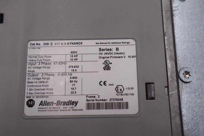 ALLEN BRADLEY 20BE017A3AYNANC0 SER B POWERFLEX 700 15 HP 600 V STOCK 2498-B