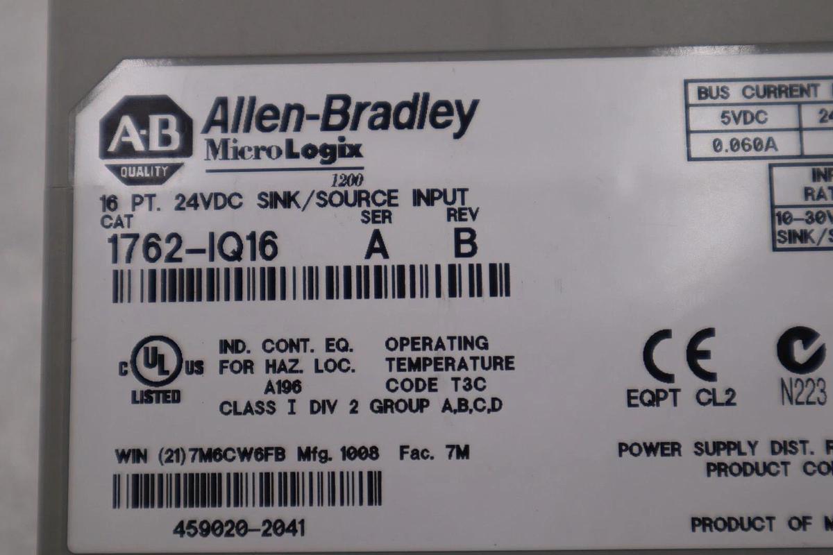 Used ALLEN BRADLEY 1762-IQ16 SER B MicroLogix 24VDC Input Module STOCK L-487C