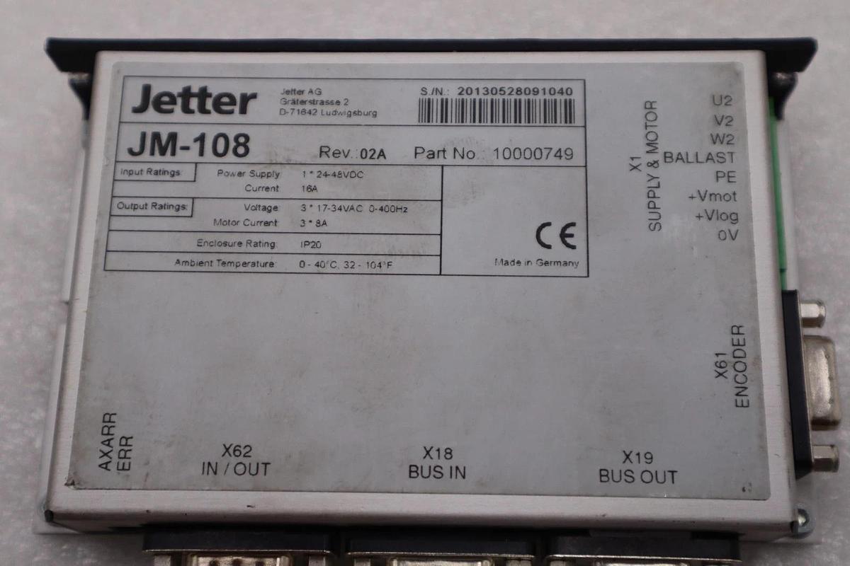 Used JETTER JM-108 REV 02A PART NO 10000749 Servo Drive STOCK H1069A
