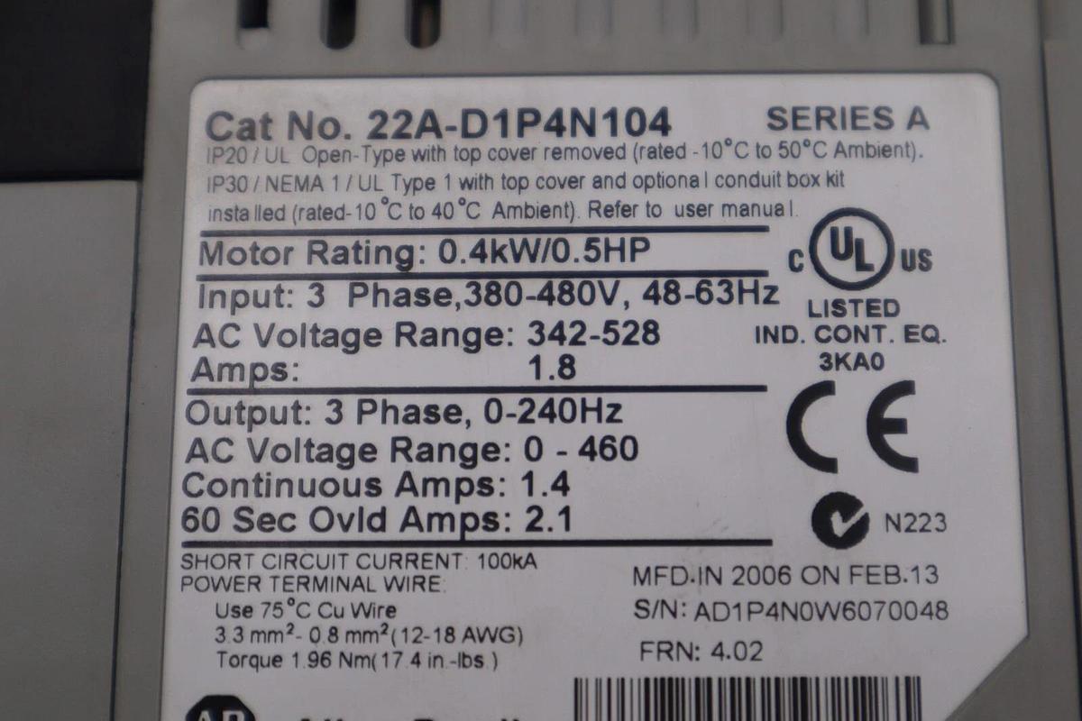 Used ALLEN BRADLEY 22A-D1P4N104 SER. A ADJUSTABLE FREQUENCY AC DRIVE  STOCK L-160-A