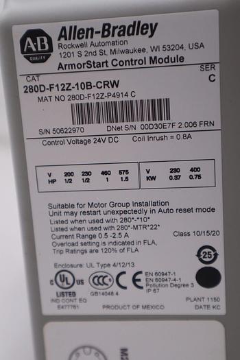 ALLEN BRADLEY 280D-F12Z-10B-CRW STARTER DEVICENET IP67/NEMA 4 STOCK 4727