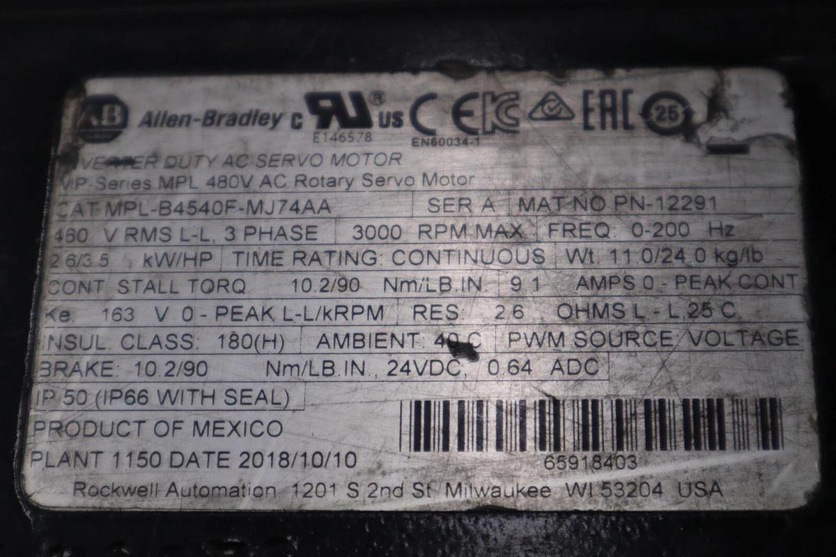 Used NEW ALLEN BRADLEY MPL-B4540F-MJ74AA SERVO MOTOR STOCK M-186