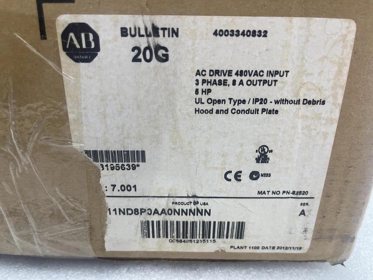 ALLEN BRADLEY POWERFLEX 755 DRIVE 5 HP 20G11ND8P0AA0NNNNN STOCK 4460