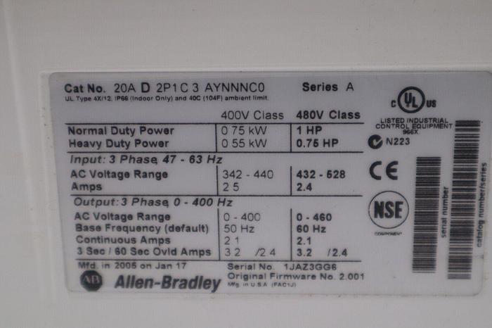 Used ALLEN BRADLEY 20AD2P1C3AYNNNC0 POWERFLEX 70 1HP AC DRIVE 480 VOLT STOCK 2111C