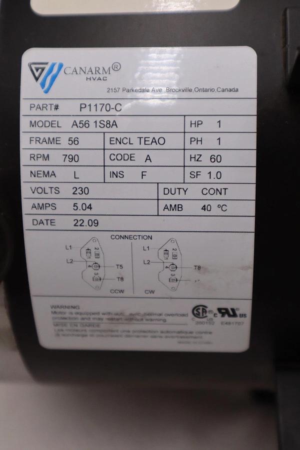 Used NEW Canarm R-P1170-C 1 HP Replacement Motor 230V / 1Ph STOCK H785