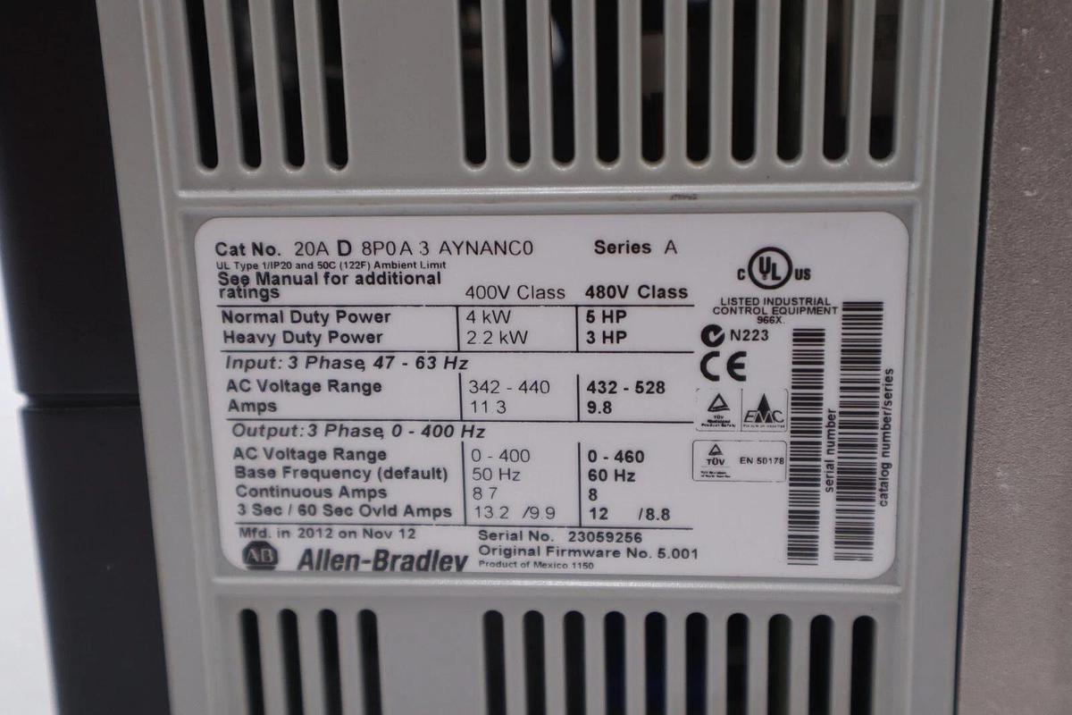 Used 20AD8P0A3AYNANC0 ALLEN BRADLEY POWERFLEX 70 5HP AC DRIVE 480 VOLT STOCK 3294