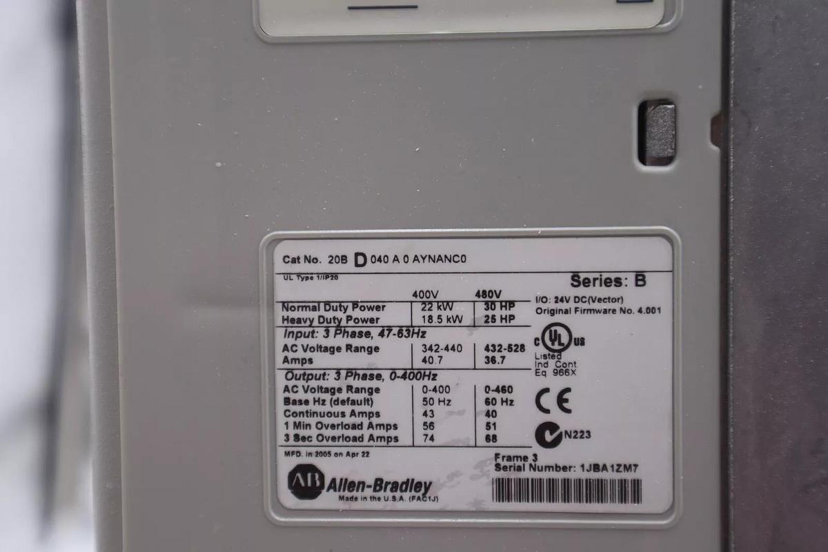 NEW ALLEN BRADLEY 20BD040A0AYNANC0 POWERFLEX 700 DRIVE VFD 30 HP 480 V STK 3121