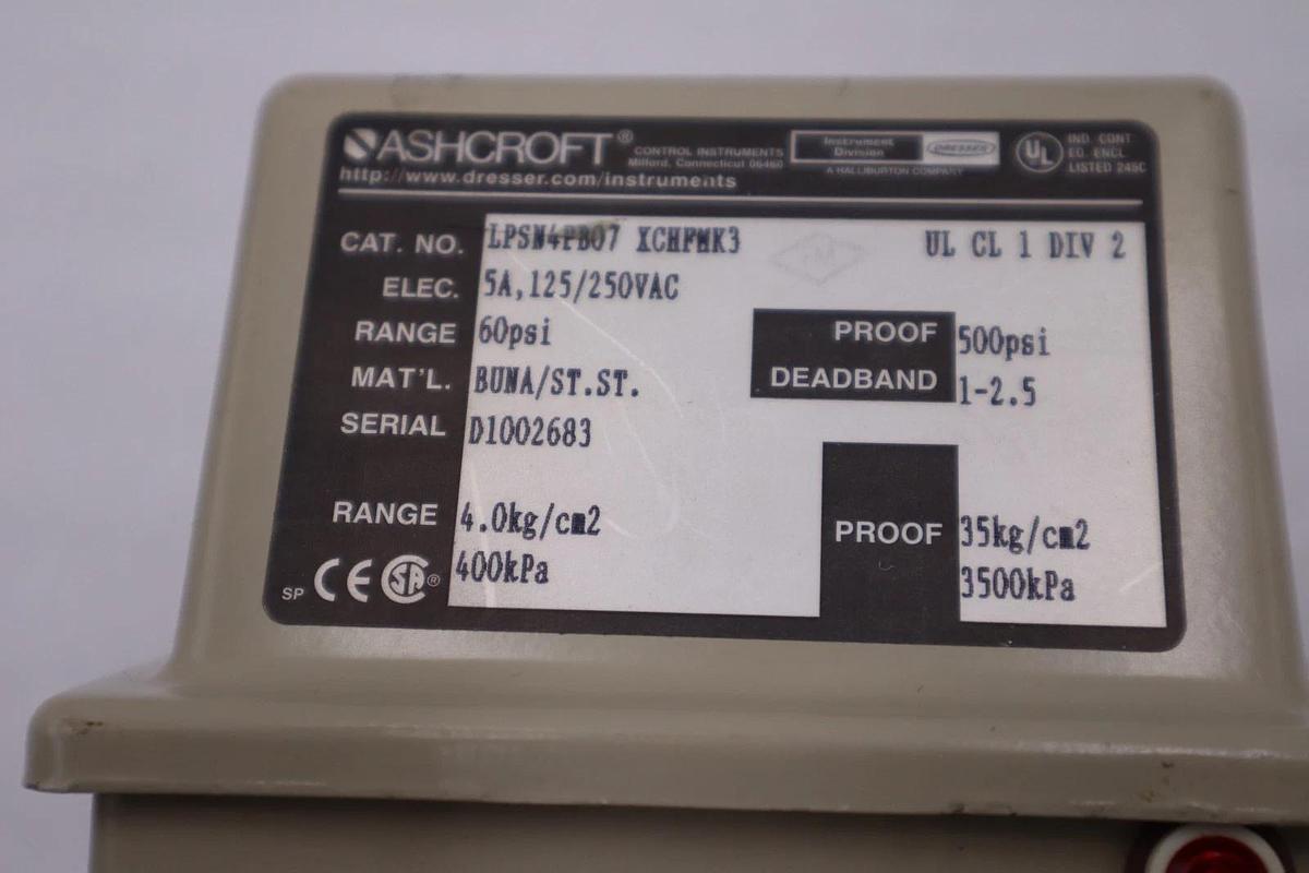 Used NEW ASHCROFT LPSN4PB07 XCHFMK3 Pressure Switch 15psi 125/250VAC STOCK H1366