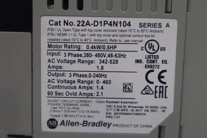 Used ALLEN BRADLEY 22A-D1P4N104 SER. A ADJUSTABLE FREQUENCY AC DRIVE STOCK B-1298