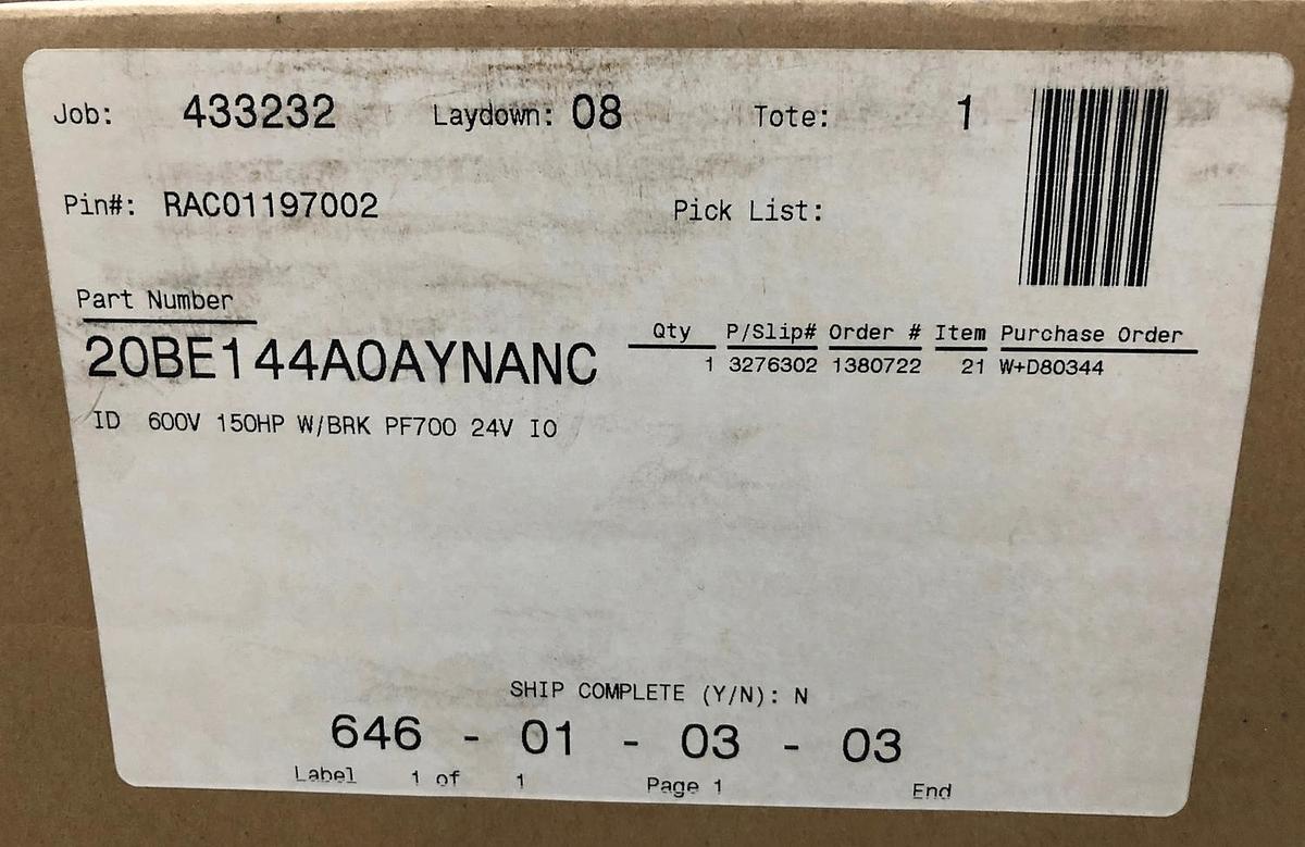NEW ALLEN BRADLEY AB PowerFlex 700 20BE144A0AYNANC0 150HP 600V WITH BRAKE #S-391