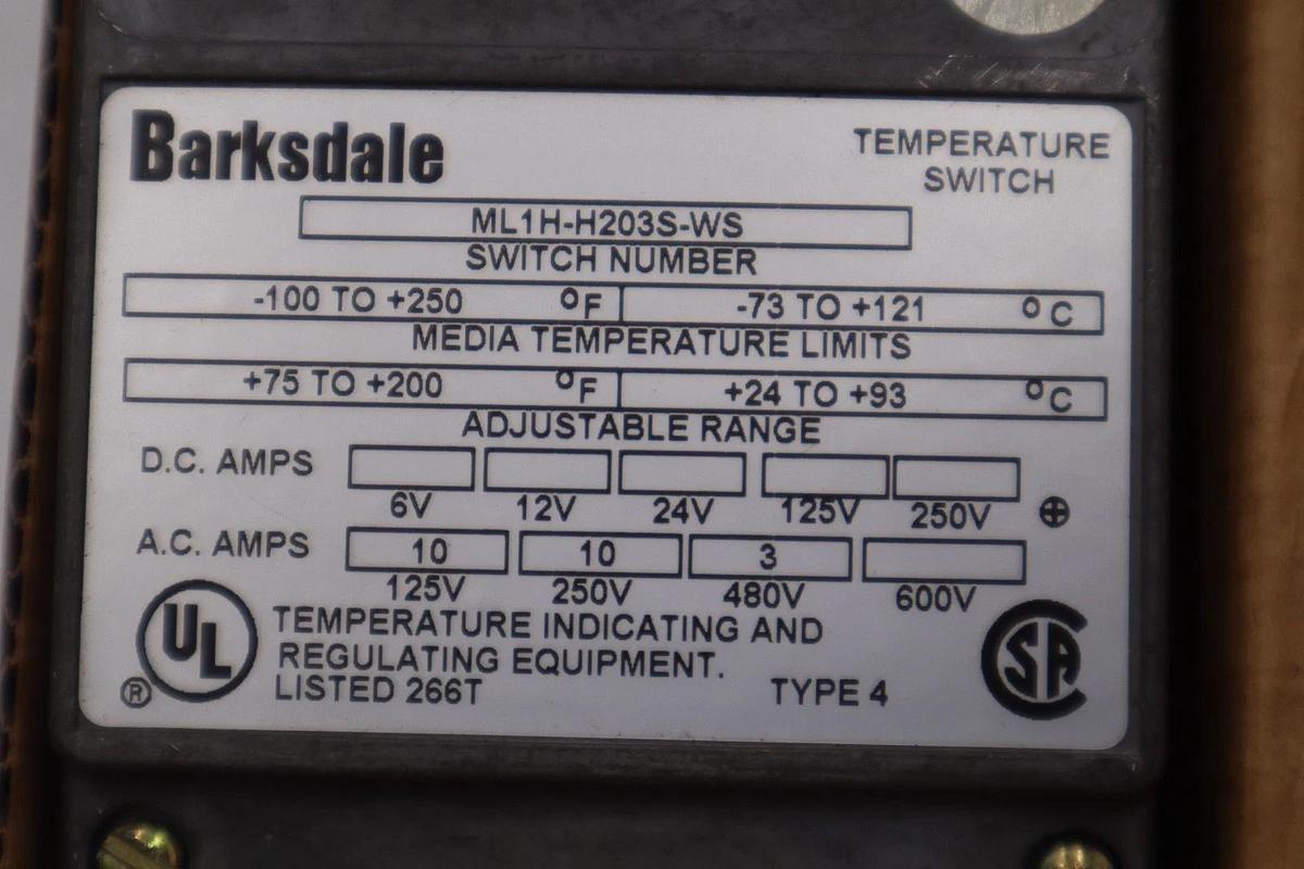 Used BARKSDALE ML1H-H203S-WS 480VAC 3A -100/250'F - NEW IN BOX - STOCK 5829A