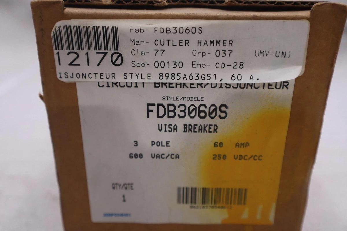 Used NEW OPEN BOX EATON FDB3060S 60 AMP 600V 3 POLE CIRCUIT BREAKER STK K307A