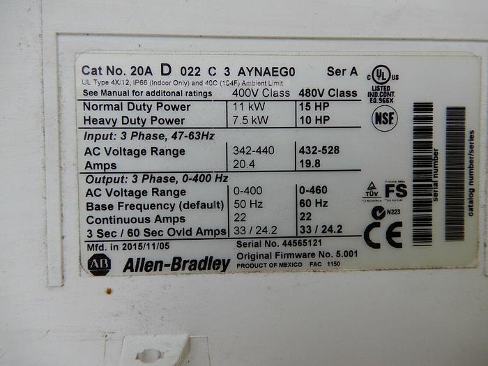 Used ALLEN BRADLEY POWERFLEX 70 DRIVE 7.5 HP 20AD011C3AYNAEG0 STOCK 659