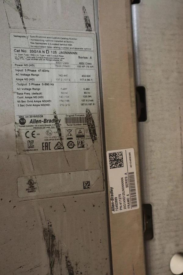 Used ALLEN BRADLEY 20G1AND125JA0NNNNN PowerFlex 755 AC Drive 100 HP - STOCK CC106