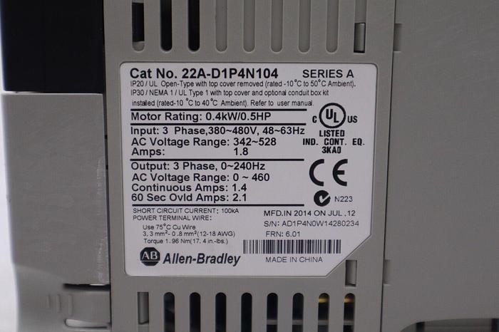 Used ALLEN BRADLEY 22A-D1P4N104 SER. A ADJUSTABLE FREQUENCY AC DRIVE STOCK B-1296