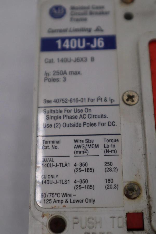 Used Allen Bradley 140U-J6X3 100A 3P 600V AC 250V DC Circuit Breaker STOCK H1871