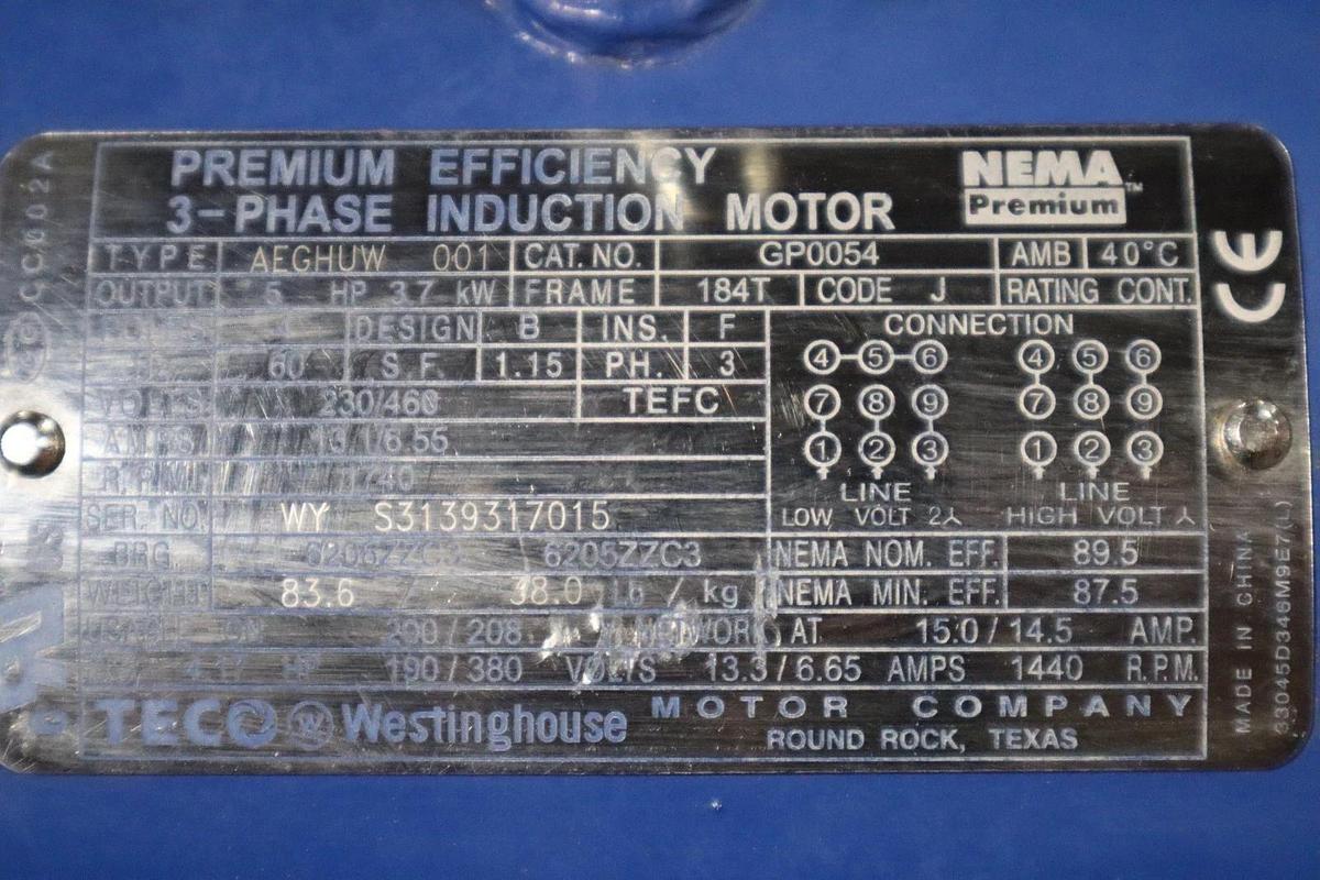 TECO Westinghouse MAX-PE GP0054 TYPE AEGHUW Motor 5 HP STOCK HS30
