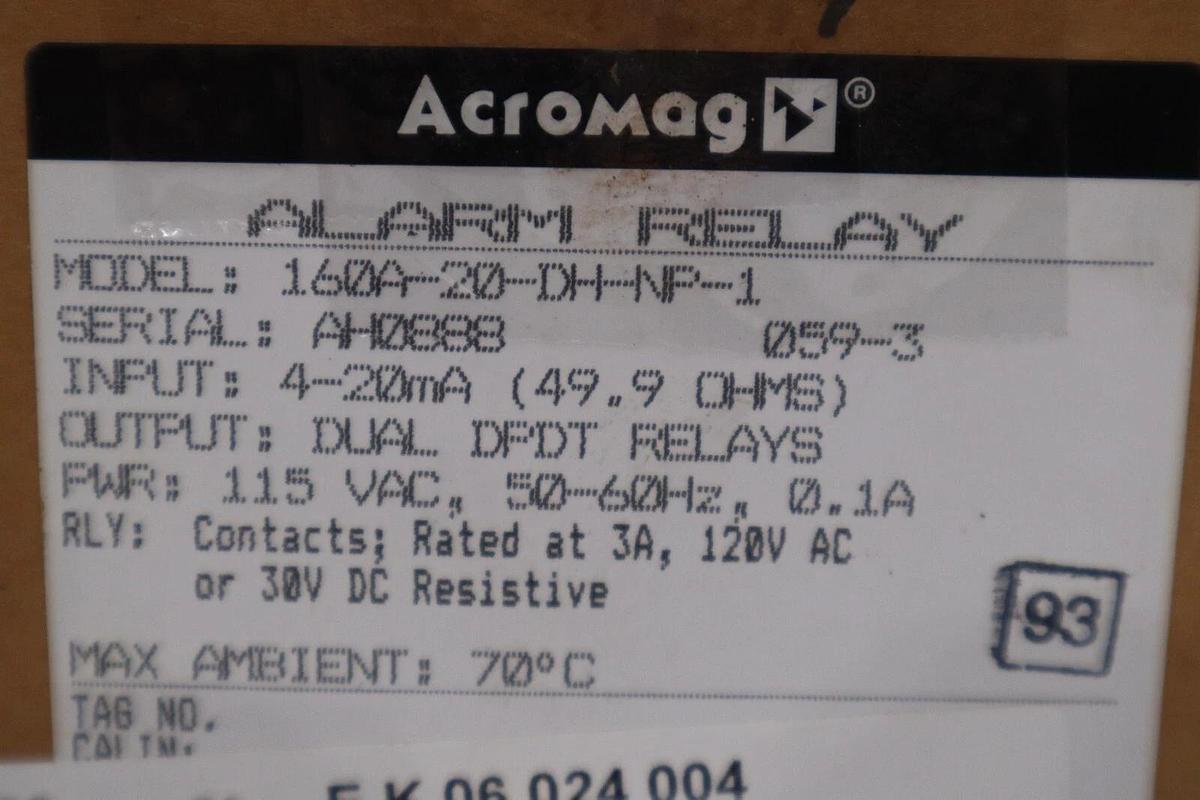 Used ACROMAG ALARM RELAY 160A-20-DH-NP-1 MAX AMBIENT: 70 DEGREES CELCIUS NEW #G331