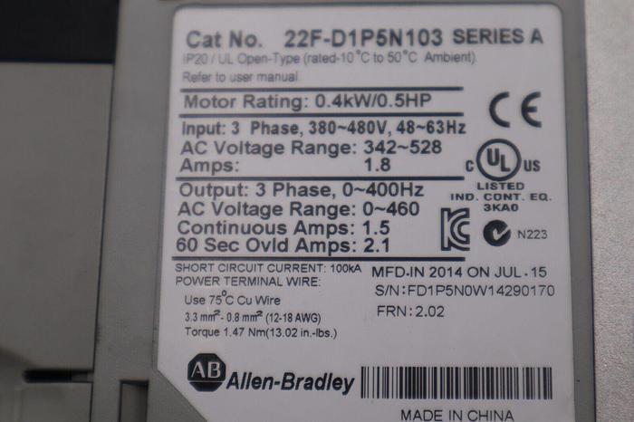 Used Allen-Bradley 22F-D1P5N103 Power Flex 4M 0.4 kW 0.5 HP AC Drive STOCK B-1301