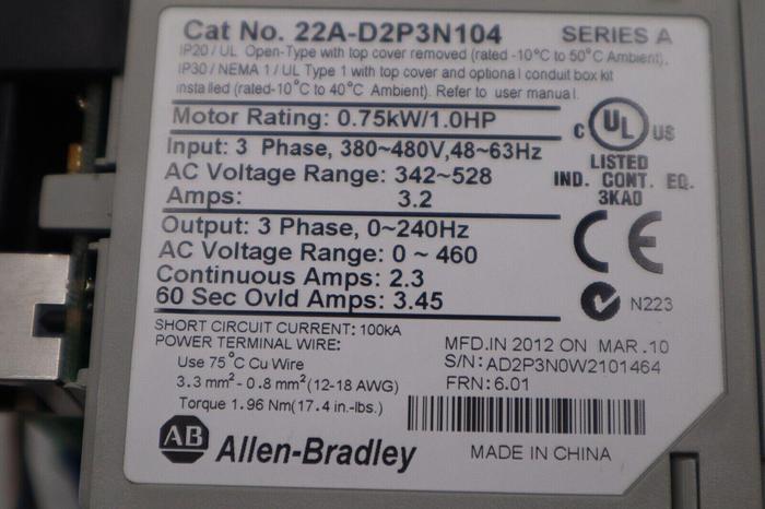 Used Allen Bradley 22A-D2P3N104 /A PowerFlex 4 AC Drive 1HP 3Ph 480V STOCK 5726