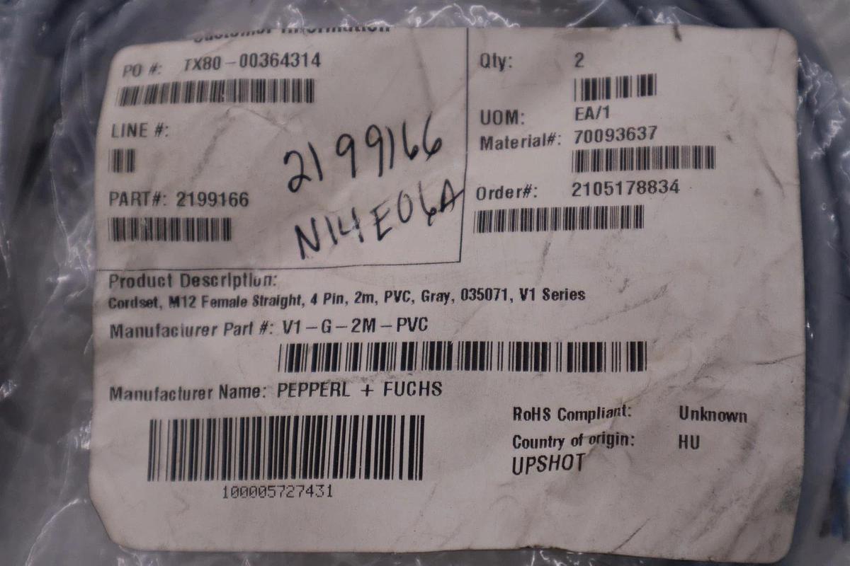 Used LOT OF 2 - PEPPERL & FUCHS V1-G-2M-PVC CABLE - STOCK H1399