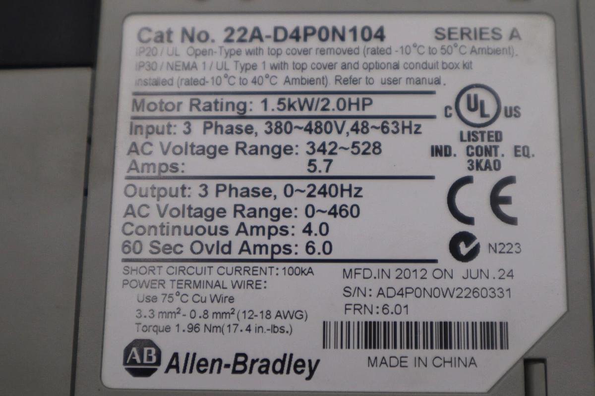 Used ALLEN BRADLEY 22A-D4P0N104 POWERFLEX 4 1.5kW/2.0HP SER A STOCK 5752