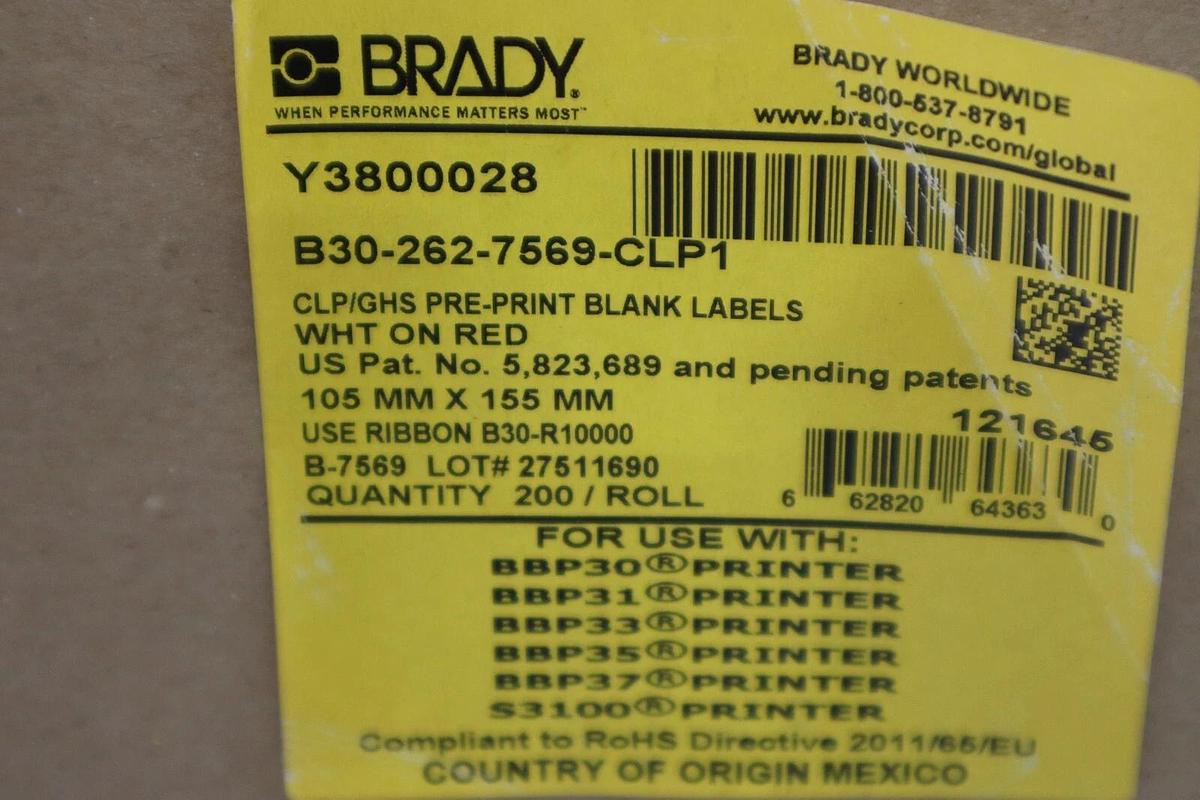 Used Brady Printer B30-262-7569-CLP1 Pre Print Chemical Labels Y380028 NEW STOCK H389