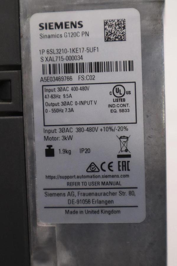 Used Siemens 6SL3210-1KE17-5UF1 Sinamics Frequency Converter 3.0 kW 4 HP STOCK H1139