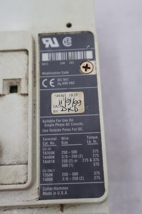 Used CUTLER-HAMMER HM2P400X5WS10 MOTOR CIRCUIT PROTECTOR SERIES C STOCK #3213