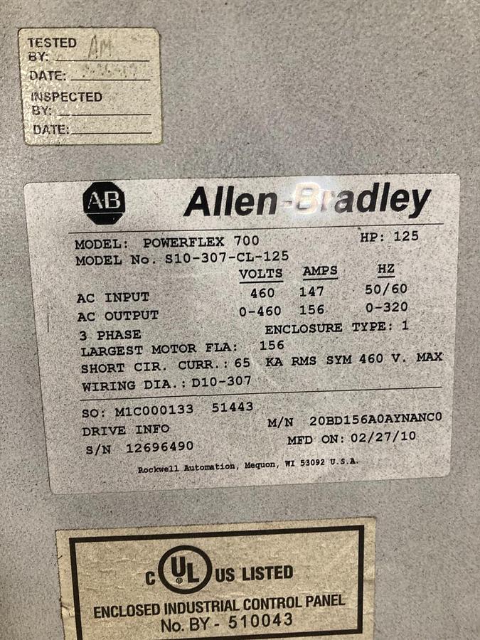Used ELECTRICAL ENCLOSURE WITH 20BD156A0AYNANC0 Allen Bradley 125HP Powerflex 700