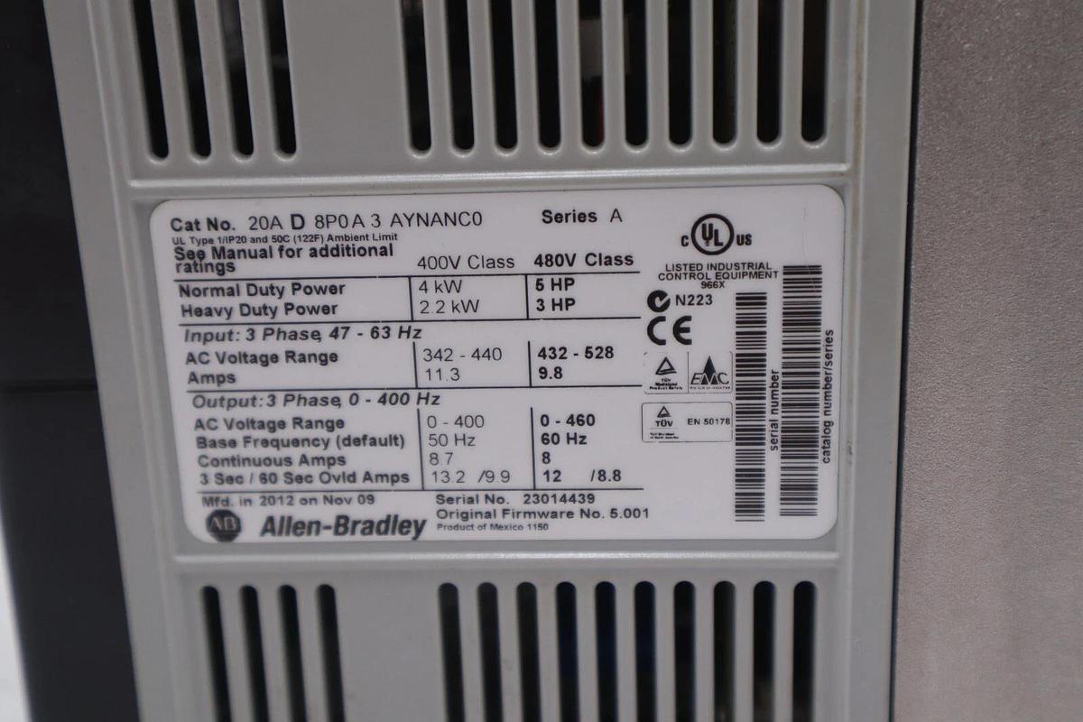 Used 20AD8P0A3AYNANC0 ALLEN BRADLEY POWERFLEX 70 5HP AC DRIVE 480 VOLT STOCK 3302