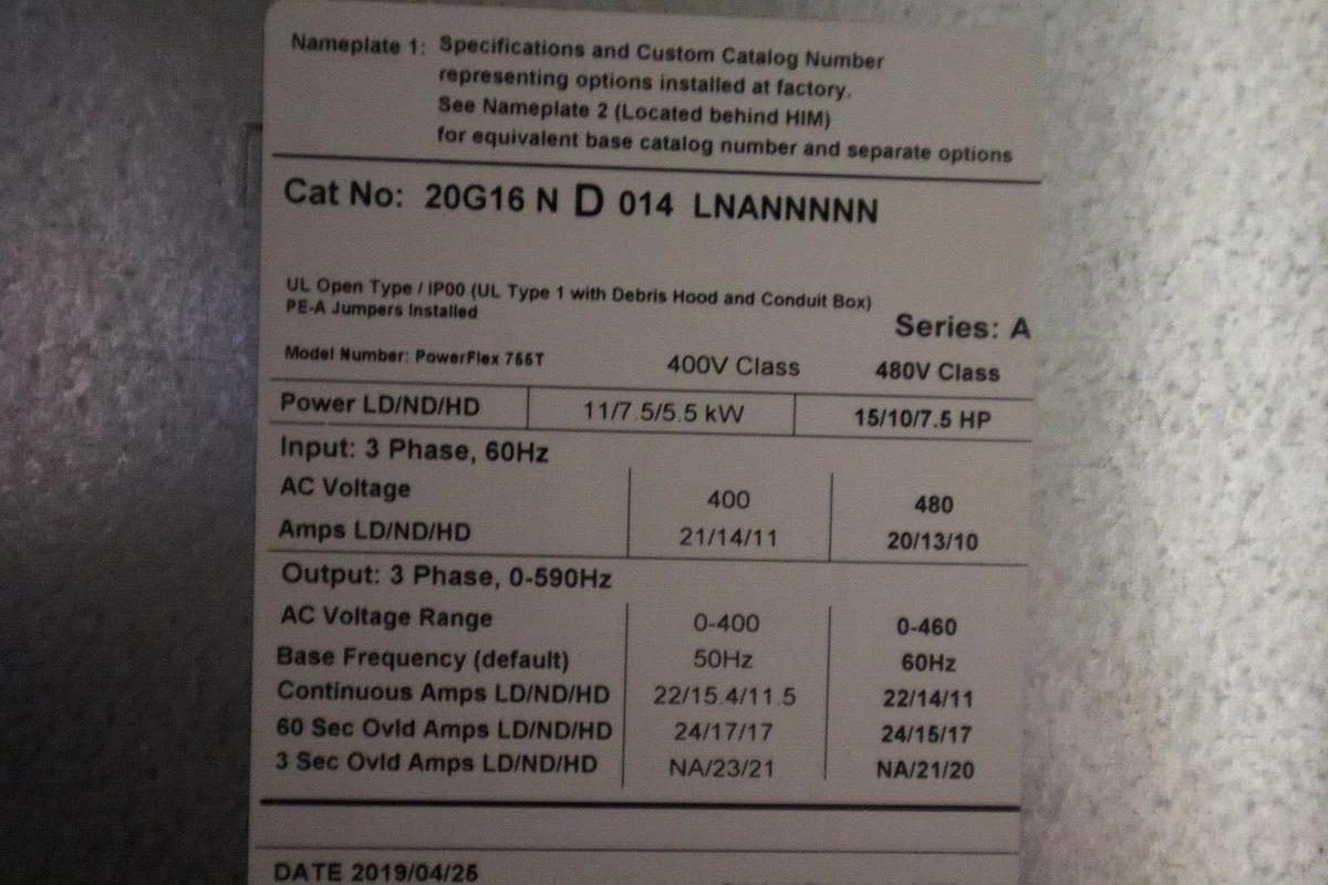 ALLEN BRADLEY 20G16ND014LNANNNNN POWERFLEX 755TR SERIES A STOCK #5402